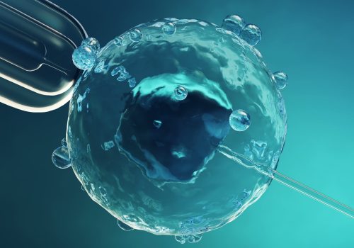Artificial insemination in a scientific laboratory under a close-up view microscope. Fertilization of an egg cell, ovum, ovule. Concept origin of a new organism, life. 3D illustrattion